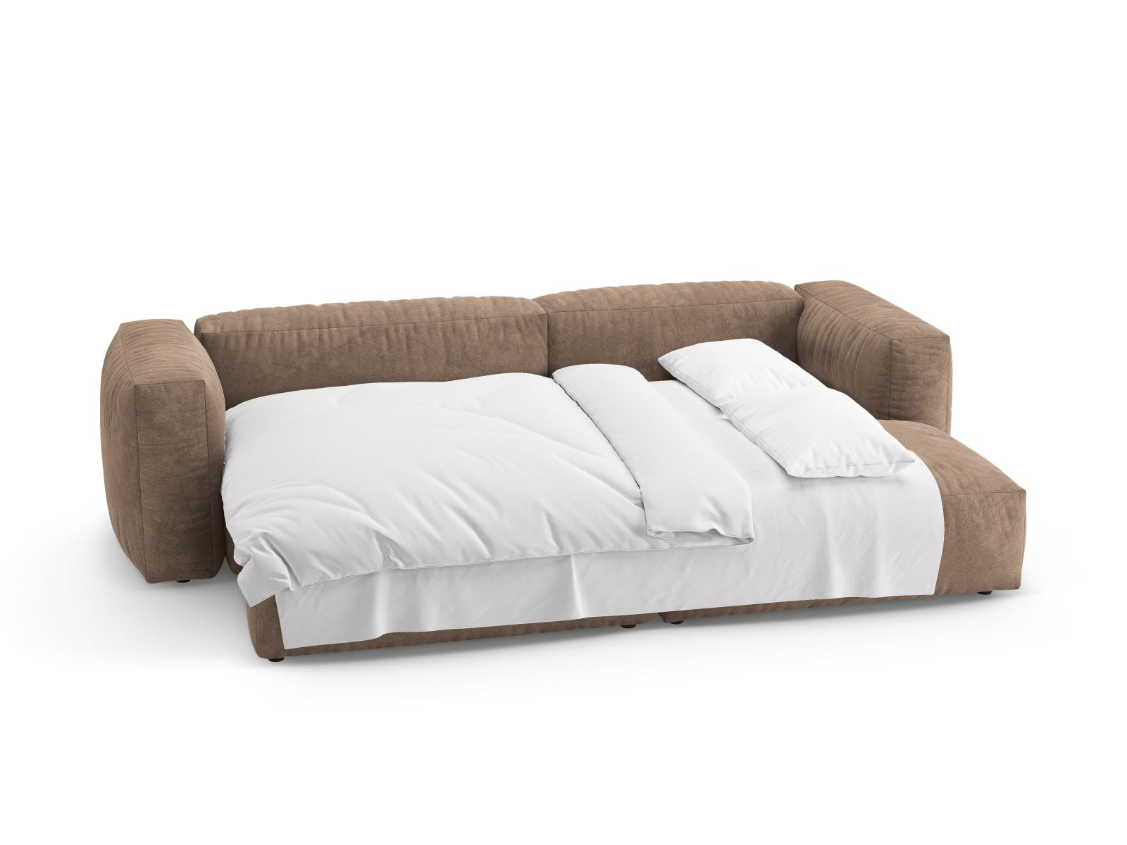 Modernes 4-Sitzer Ecksofa Martina in edlem Dunkelbeige, perfekt für gemütliche Stunden und als praktische Schlaflösung für Übernachtungsgäste.