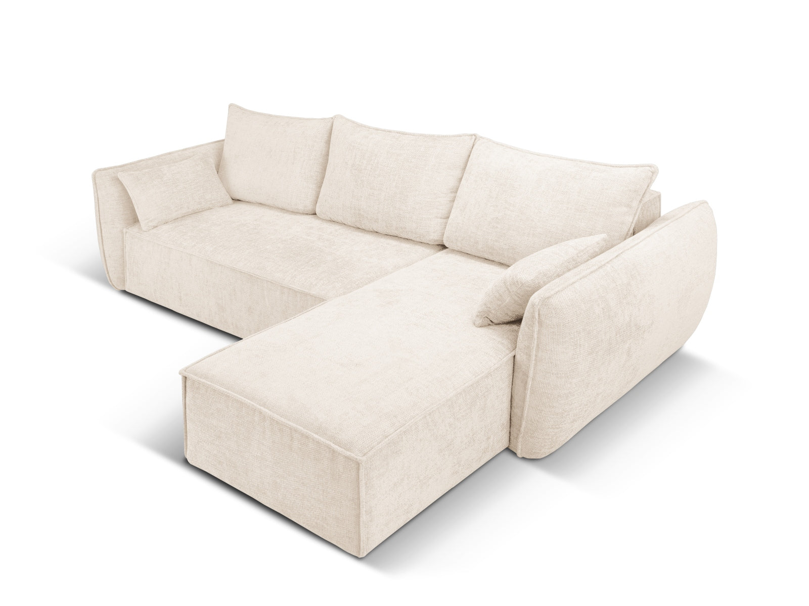 Elegantes Kaelle Ecksofa in hellem Beige, ausgestattet mit Schlaffunktion und praktischer Stauraumbox, perfekt für gemütliche Wohnräume.
