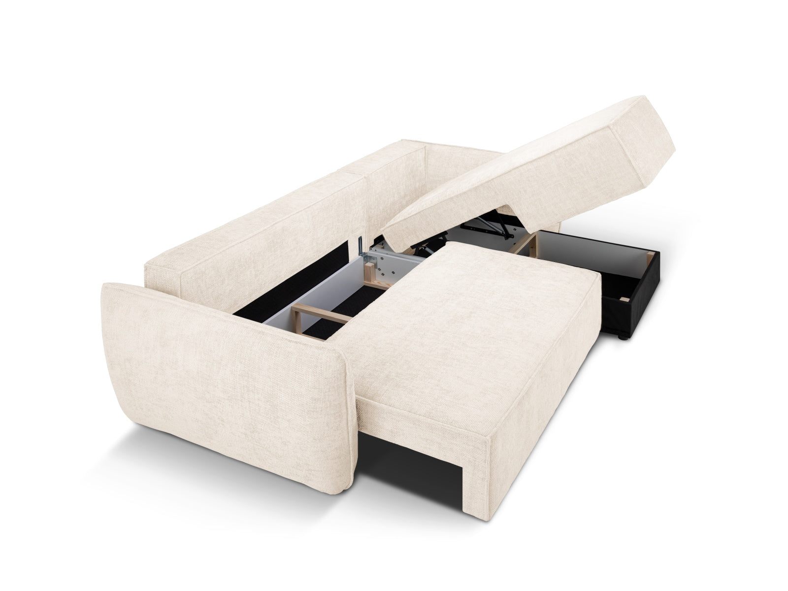 Modernes Kaelle Ecksofa in sanftem Beige, ideal für entspannte Abende, mit Schlaffunktion und Stauraum für zusätzlichen Komfort.