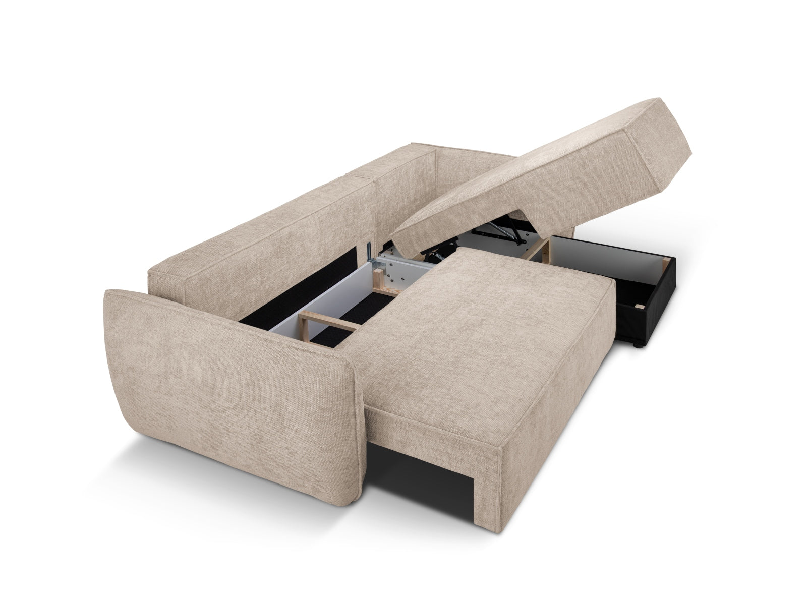 Stylisches Kaelle Ecksofa in Beige, ideal für kleine Räume, bietet Schlafgelegenheit und Stauraum für Kissen und Decken.