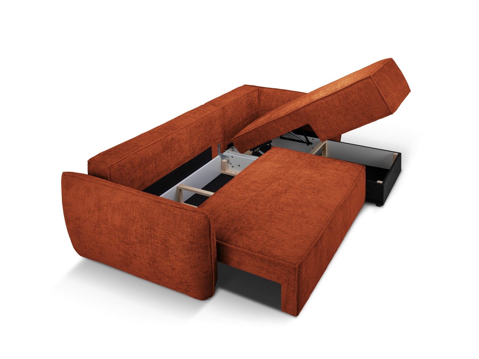 Modernes Kaelle Ecksofa in Terracotta, 4-Sitzer mit Schlaffunktion und Stauraum, ideal für gemütliche und funktionale Wohnräume.