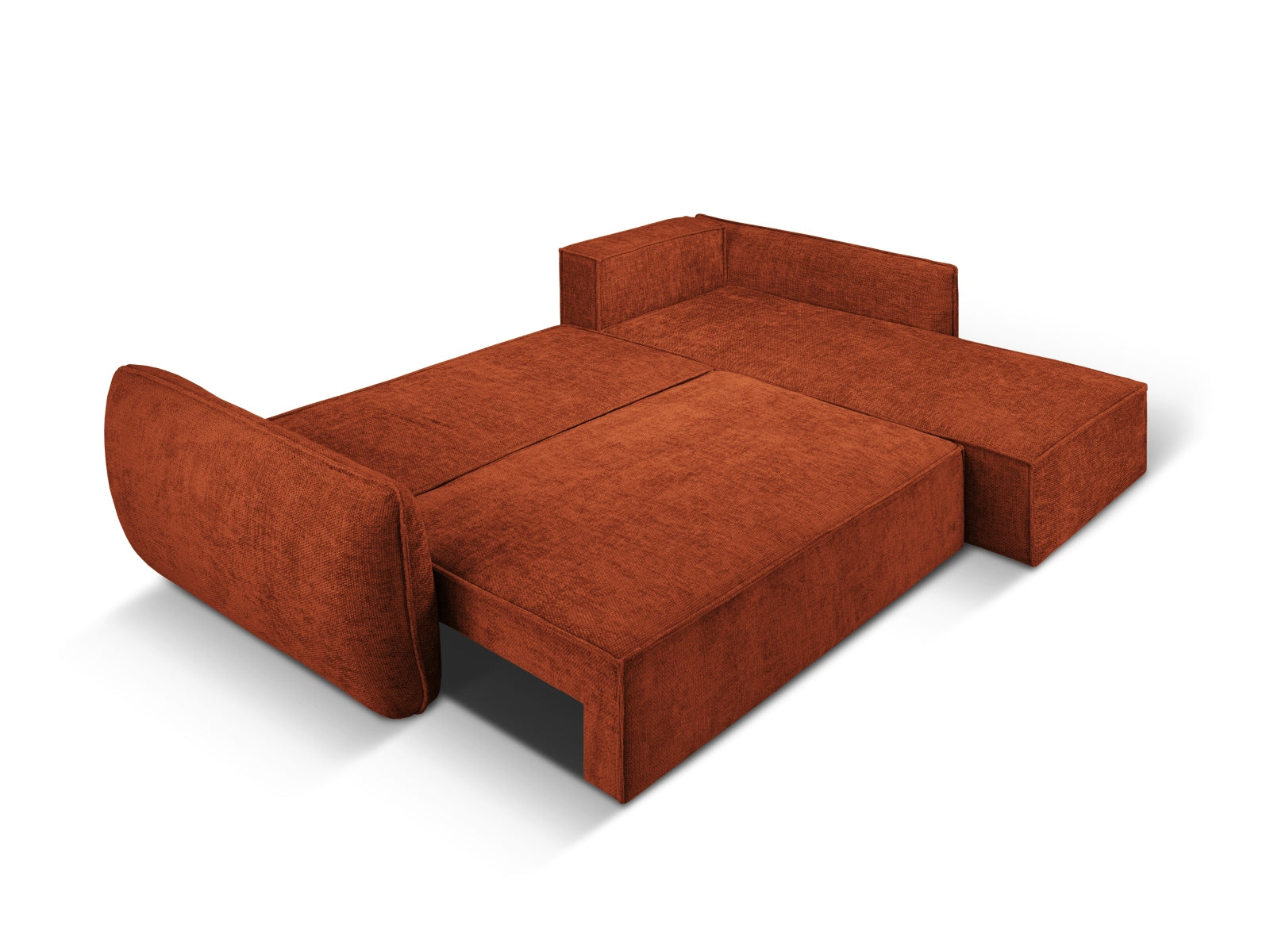 Stylisches Kaelle Ecksofa in warmem Terracotta, 4-Sitzer mit praktischer Schlaffunktion und integriertem Stauraum für vielseitige Nutzung.
