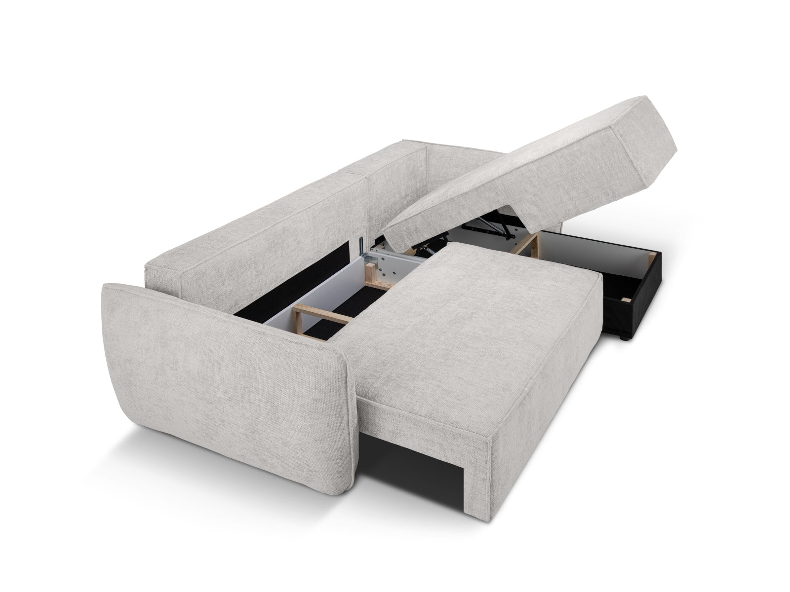 Modernes Kaelle Ecksofa in sanftem Grau, 4-Sitzer mit cleverer Schlaffunktion und integriertem Stauraum, ideal für gemütliche Wohnräume.