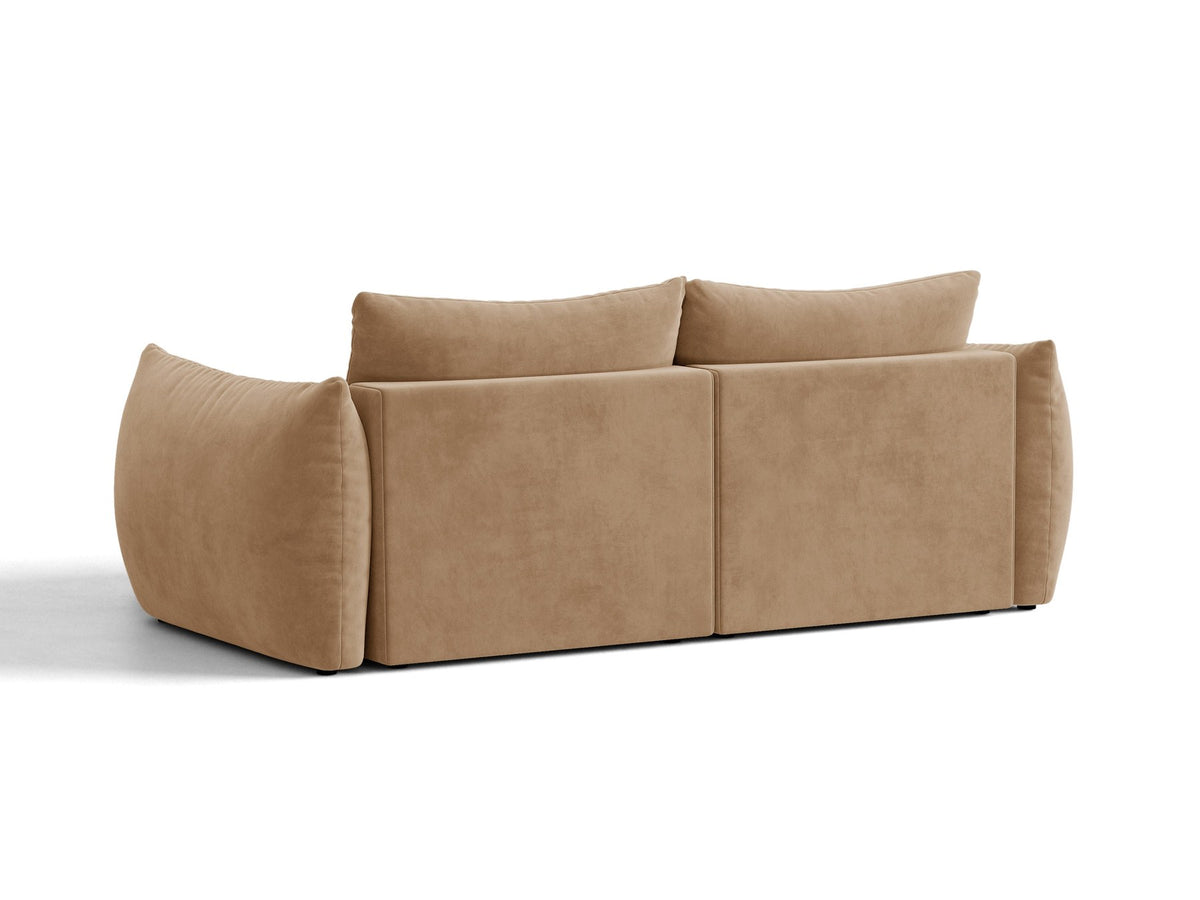 Ecksofa Bloom mit Schlaffunktion von Micadoni in Sand, Bettsofa rechts mit Casino-Veloursbezug und schwarzen Kunststoffbeinen.