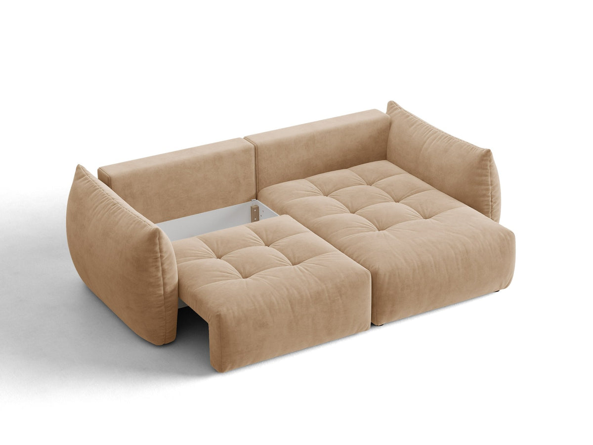 Ecksofa Bloom mit Schlaffunktion von Micadoni in Sand, Bettsofa rechts mit Casino-Veloursbezug und schwarzen Kunststoffbeinen.