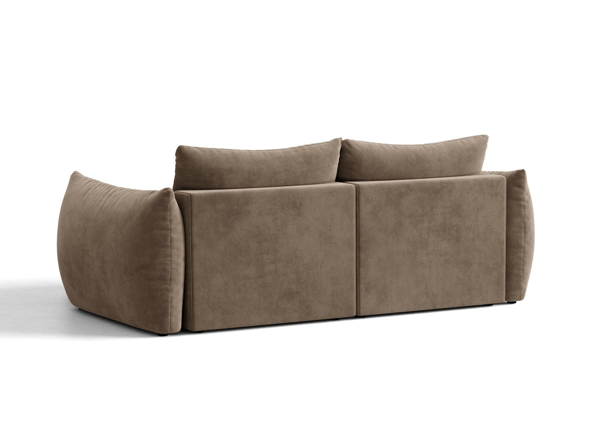 Ecksofa Bloom mit Schlaffunktion von Micadoni in Sand, Bettsofa rechts mit Casino-Veloursbezug und schwarzen Kunststoffbeinen.