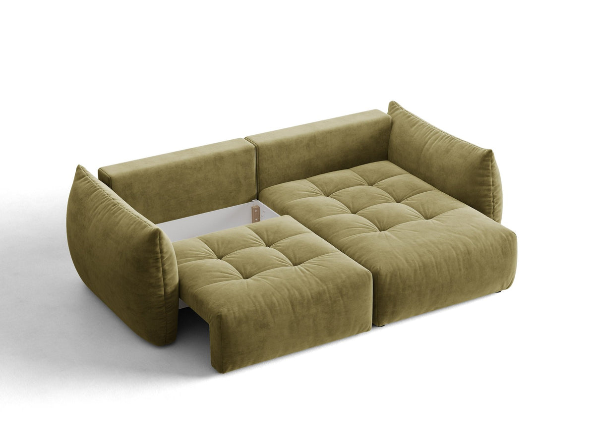 Ecksofa Bloom mit Schlaffunktion von Micadoni in Sand, Bettsofa rechts mit Casino-Veloursbezug und schwarzen Kunststoffbeinen.