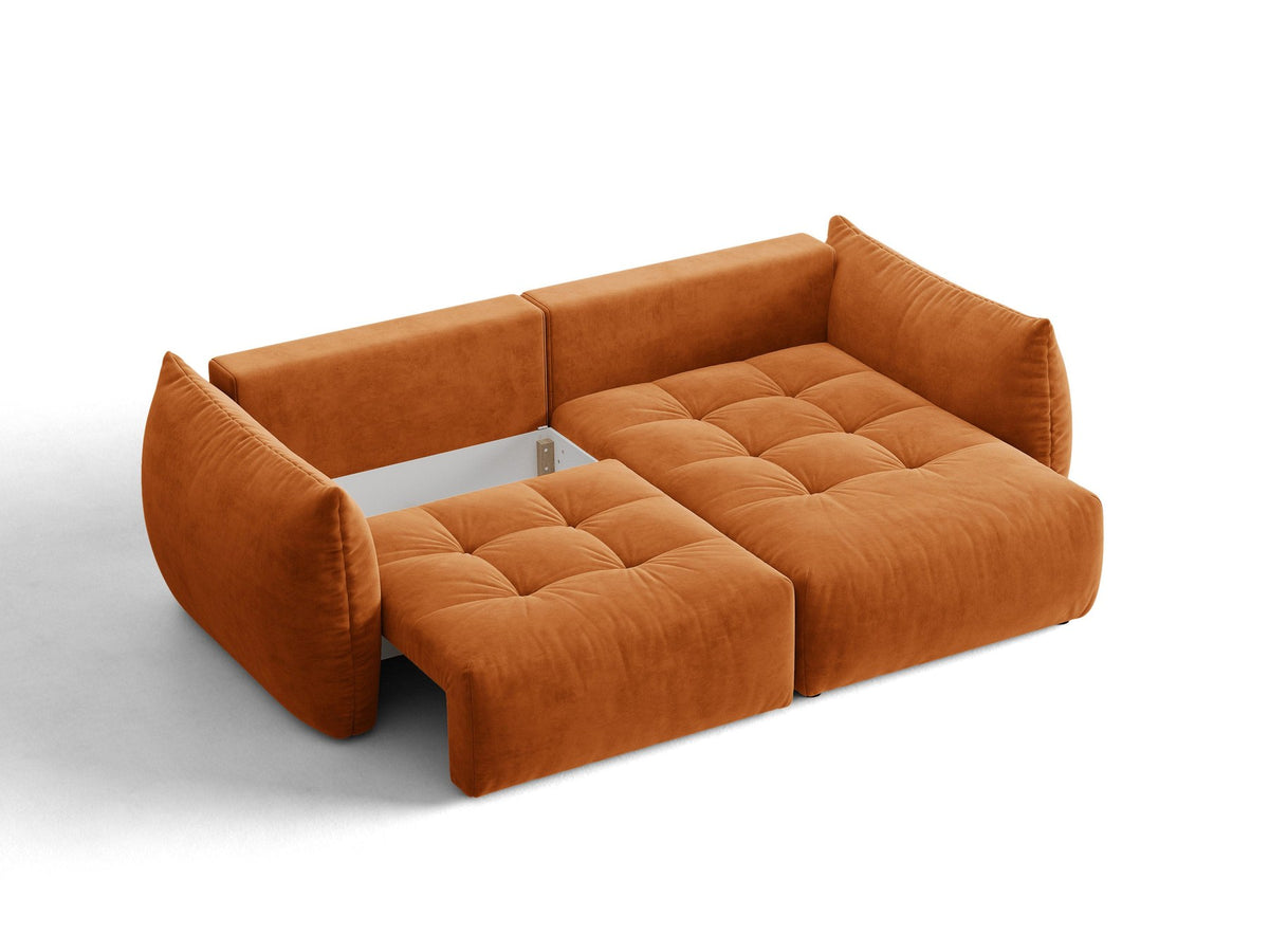 Ecksofa Bloom mit Schlaffunktion von Micadoni in Sand, Bettsofa rechts mit Casino-Veloursbezug und schwarzen Kunststoffbeinen.