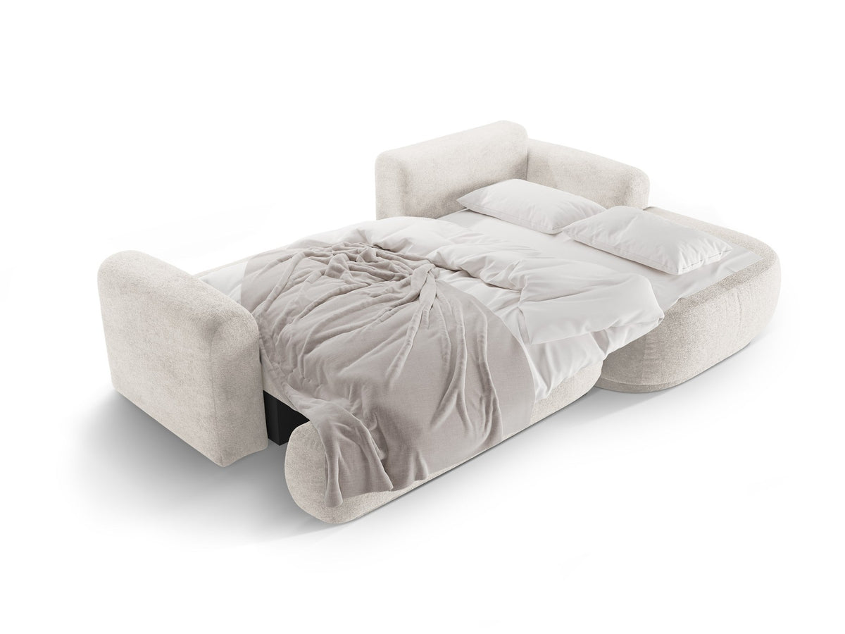 Ecksofa in Leichtes Beige mit Veloursbezug, ausgeklappter Bettfunktion, Stauraumfach und schwarzen Kunststoffbeinen von Micadoni.
