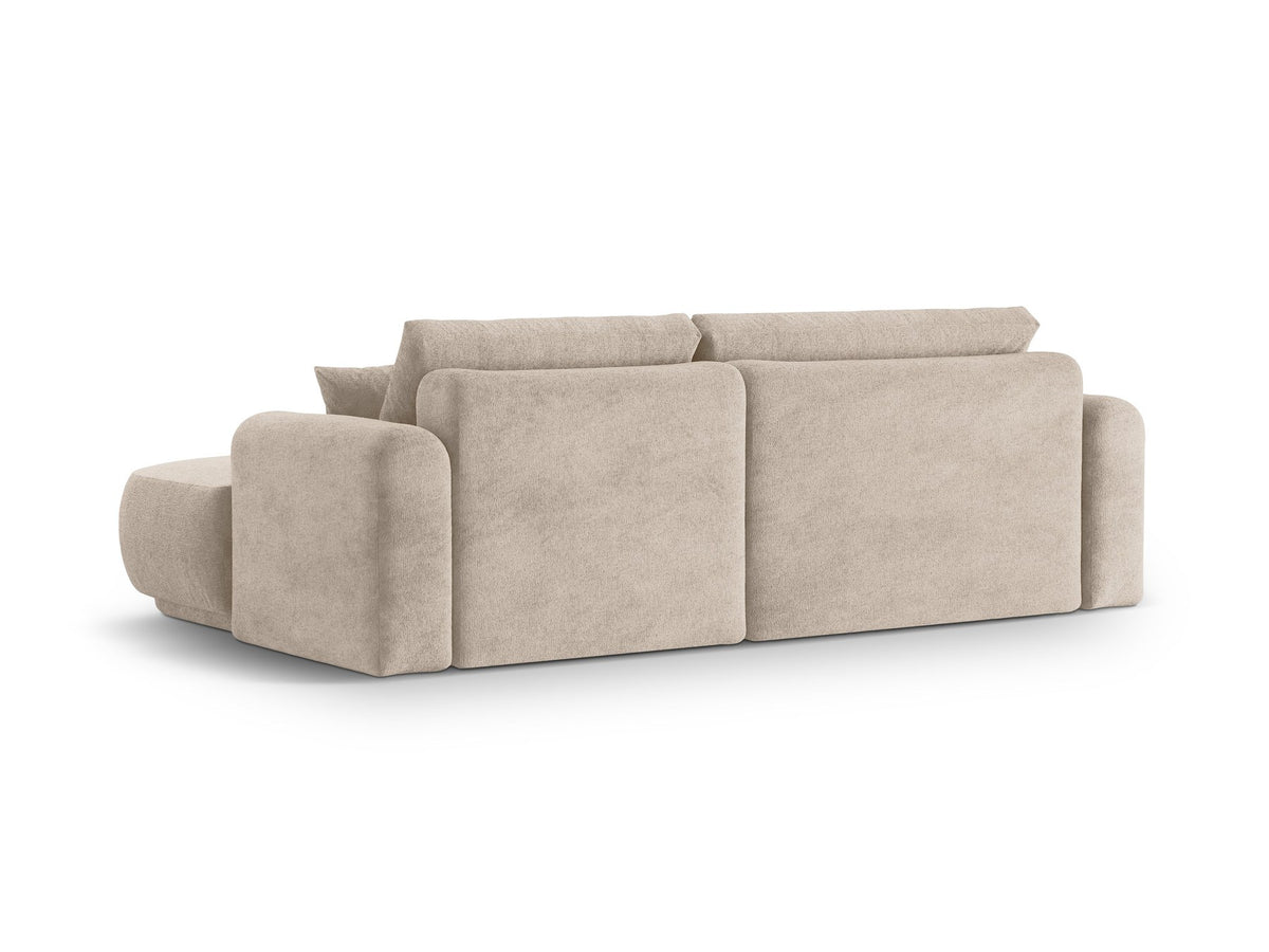 Ecksofa in Leichtes Beige mit Veloursbezug, ausgeklappter Bettfunktion, Stauraumfach und schwarzen Kunststoffbeinen von Micadoni.
