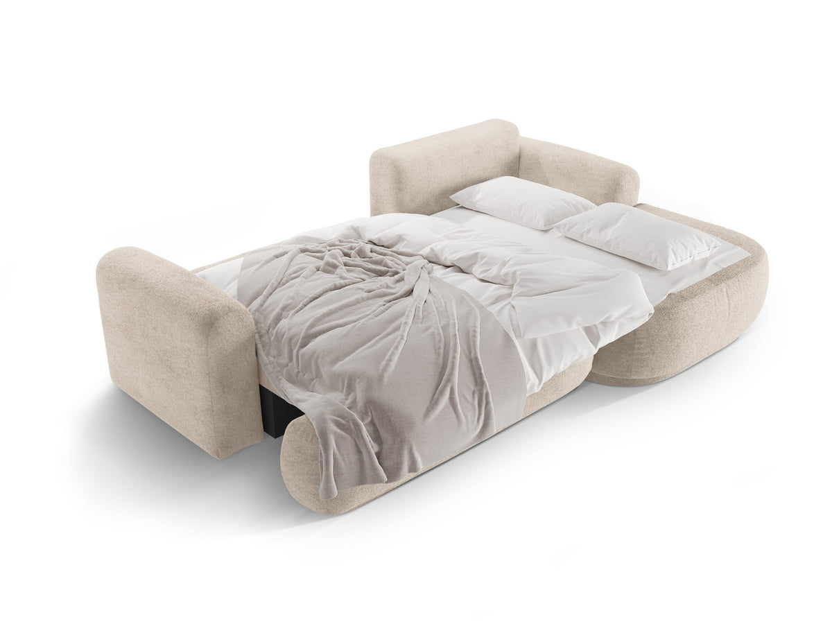 Ecksofa in Leichtes Beige mit Veloursbezug, ausgeklappter Bettfunktion, Stauraumfach und schwarzen Kunststoffbeinen von Micadoni.