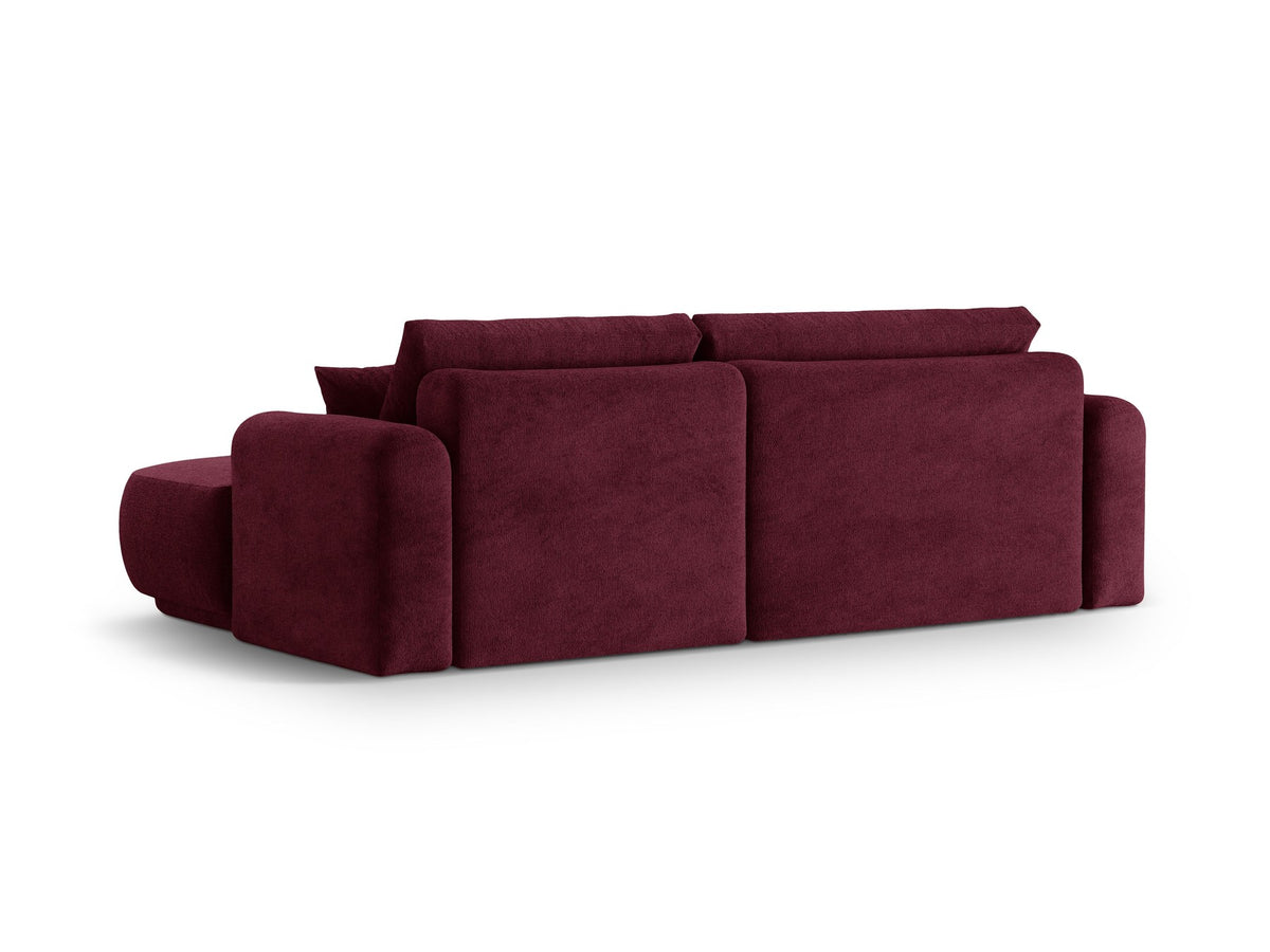 Ecksofa in Leichtes Beige mit Veloursbezug, ausgeklappter Bettfunktion, Stauraumfach und schwarzen Kunststoffbeinen von Micadoni.