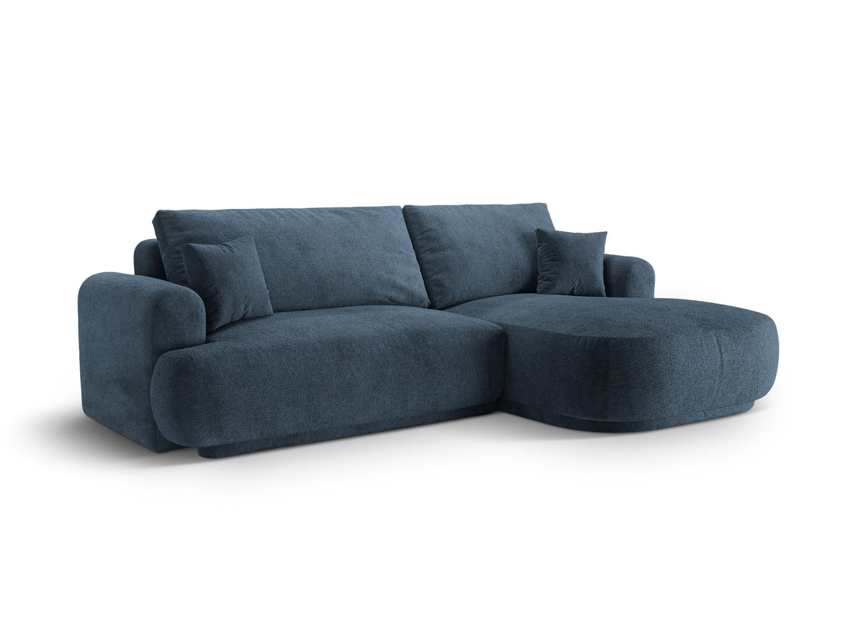 Ecksofa in Leichtes Beige mit Veloursbezug, ausgeklappter Bettfunktion, Stauraumfach und schwarzen Kunststoffbeinen von Micadoni.