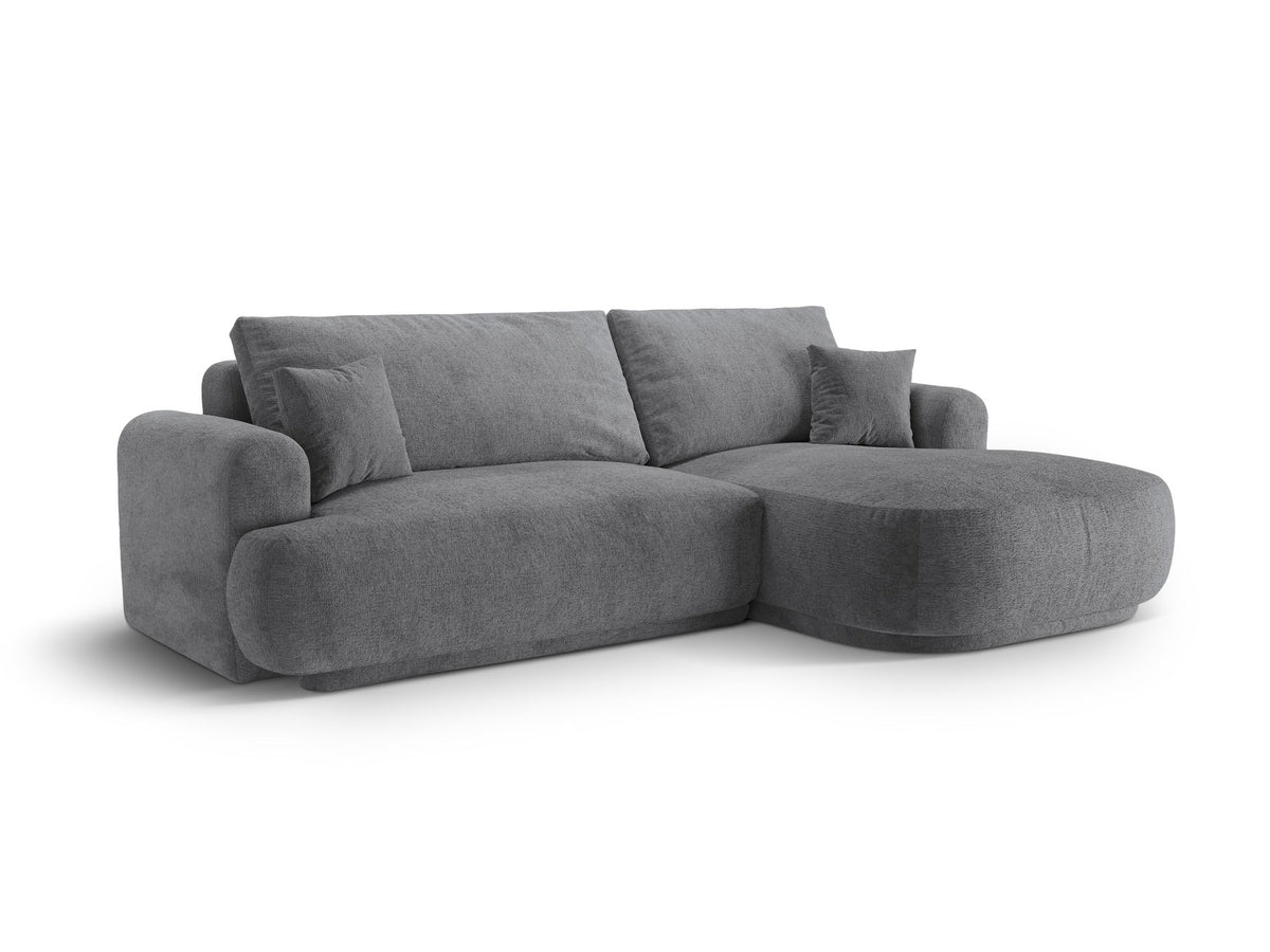 Ecksofa in Leichtes Beige mit Veloursbezug, ausgeklappter Bettfunktion, Stauraumfach und schwarzen Kunststoffbeinen von Micadoni.