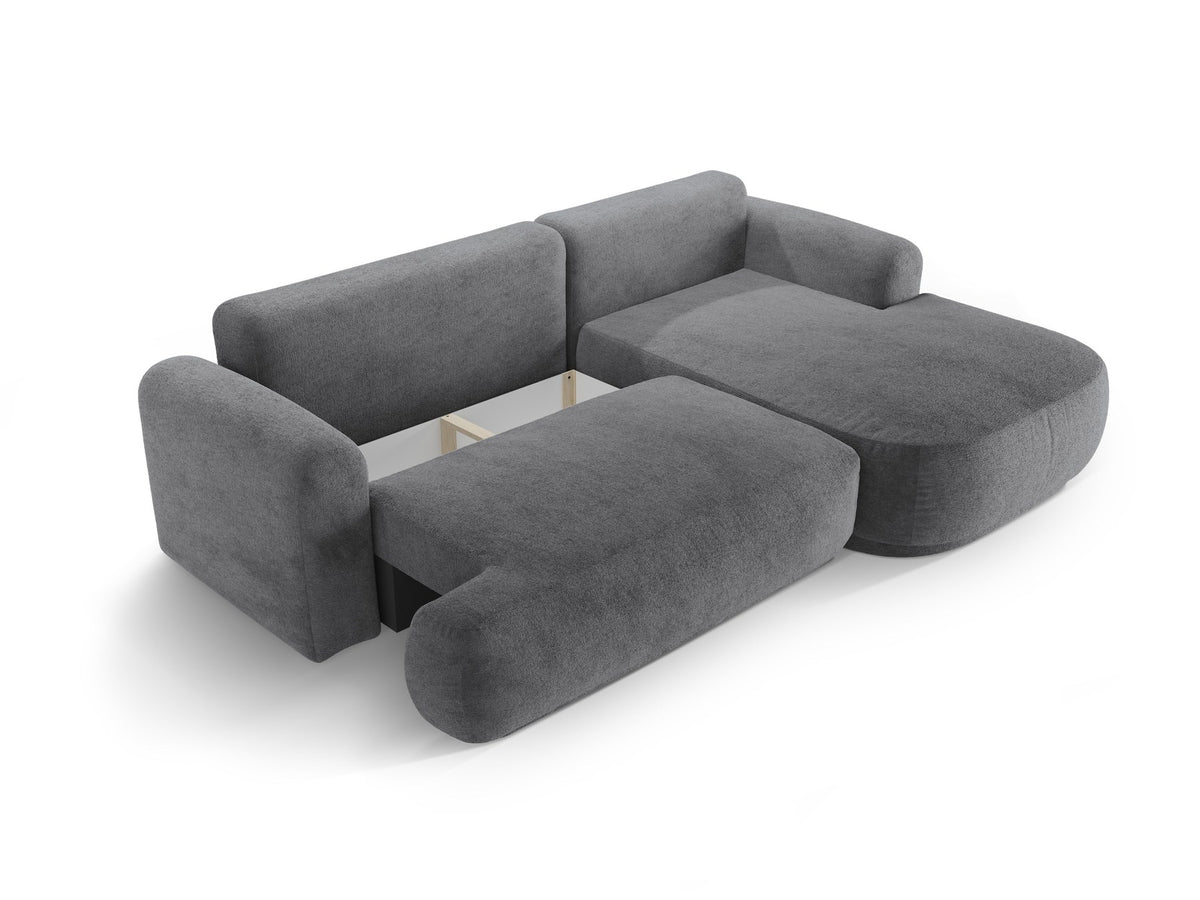 Ecksofa in Leichtes Beige mit Veloursbezug, ausgeklappter Bettfunktion, Stauraumfach und schwarzen Kunststoffbeinen von Micadoni.