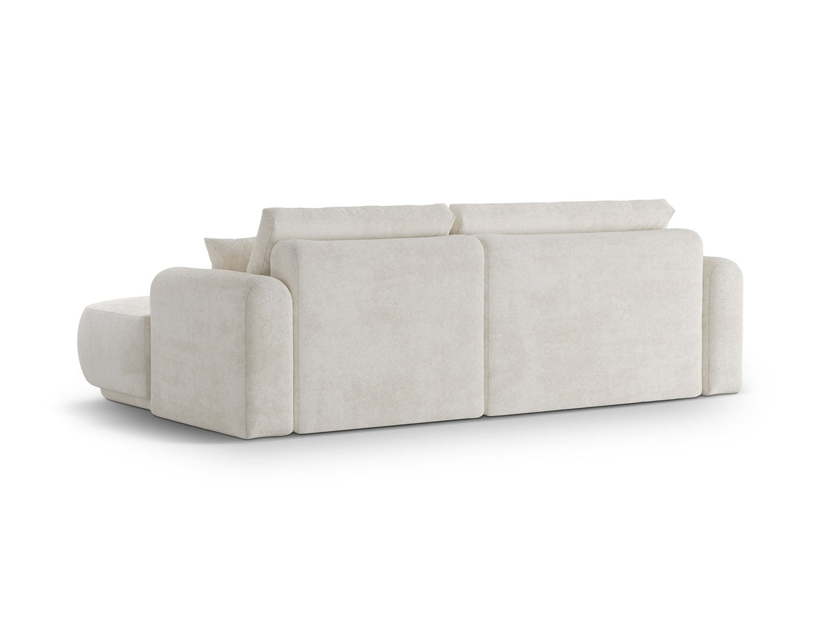 Ecksofa in Leichtes Beige mit Veloursbezug, ausgeklappter Bettfunktion, Stauraumfach und schwarzen Kunststoffbeinen von Micadoni.