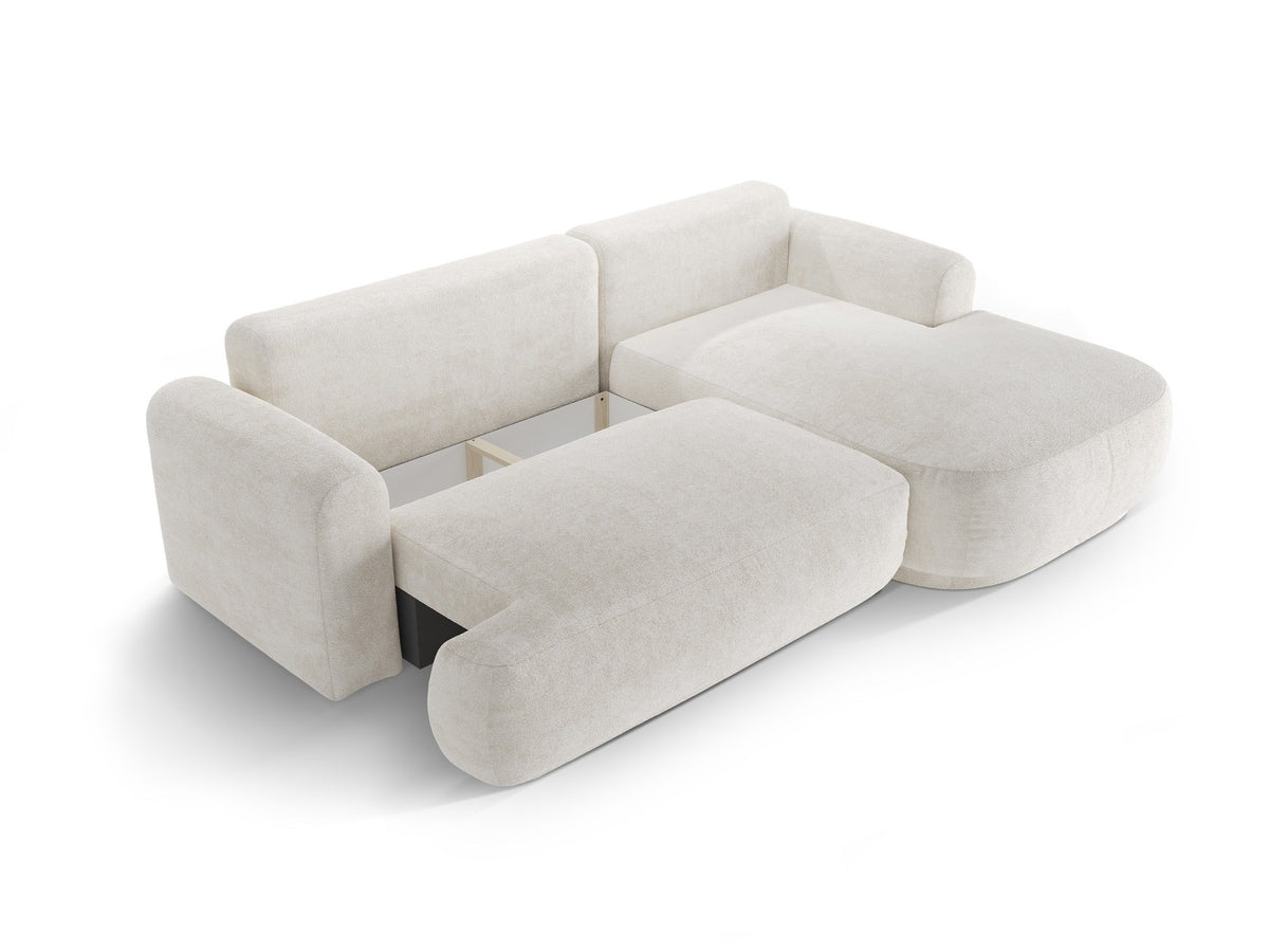 Ecksofa in Leichtes Beige mit Veloursbezug, ausgeklappter Bettfunktion, Stauraumfach und schwarzen Kunststoffbeinen von Micadoni.