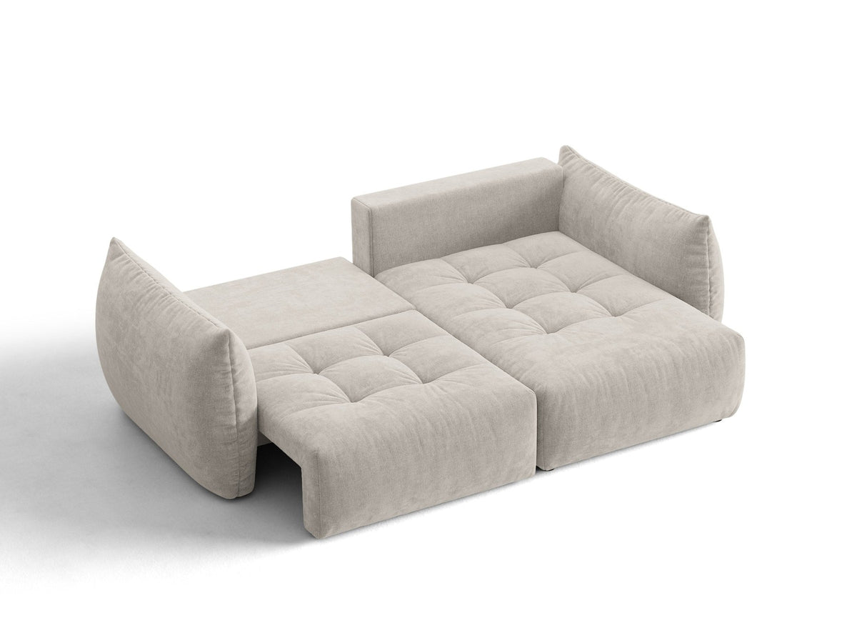 Ecksofa Bloom mit Schlaffunktion von Micadoni in Sand, Bettsofa rechts mit Casino-Veloursbezug und schwarzen Kunststoffbeinen.