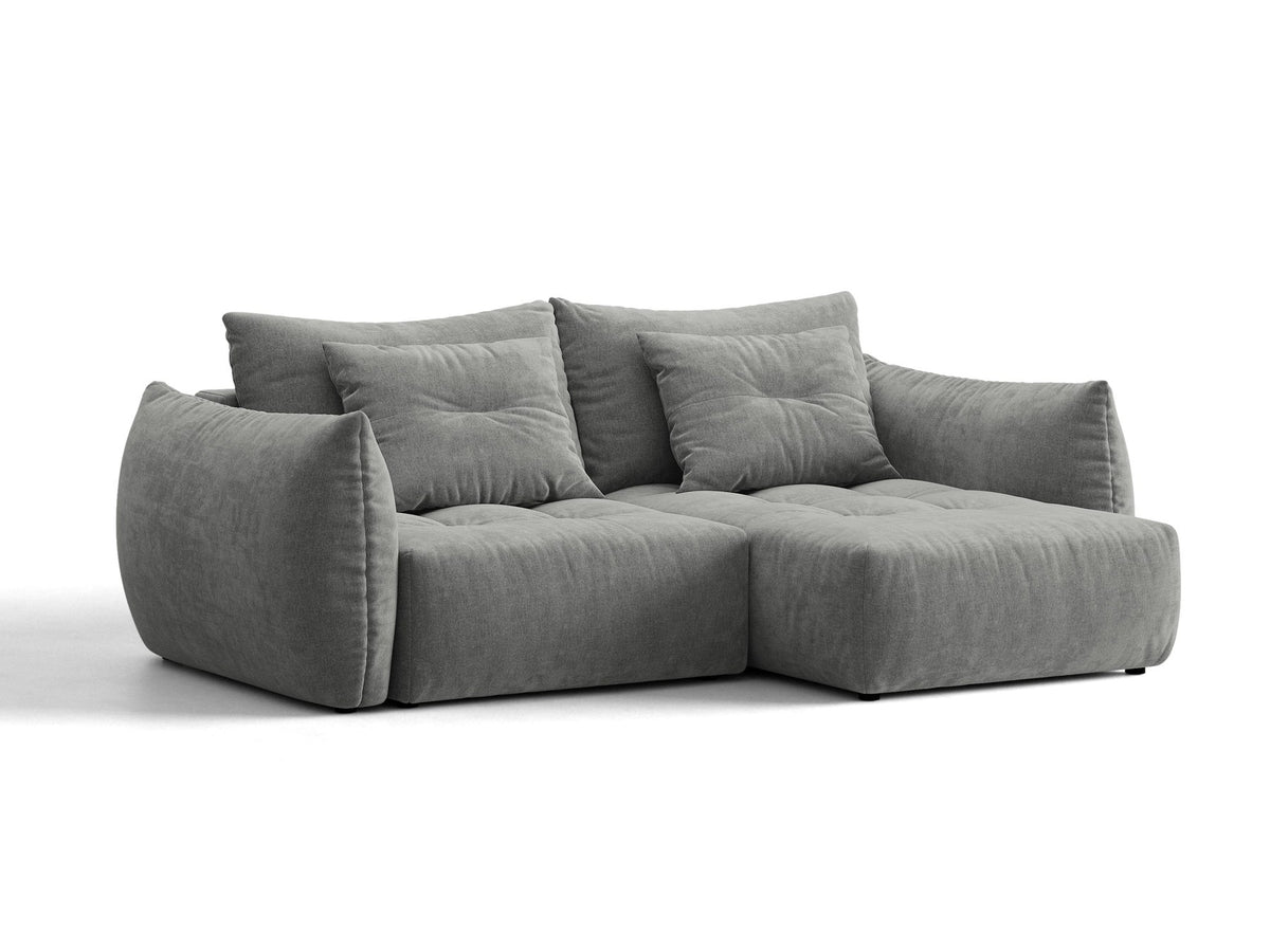 Ecksofa Bloom mit Schlaffunktion von Micadoni in Sand, Bettsofa rechts mit Casino-Veloursbezug und schwarzen Kunststoffbeinen.