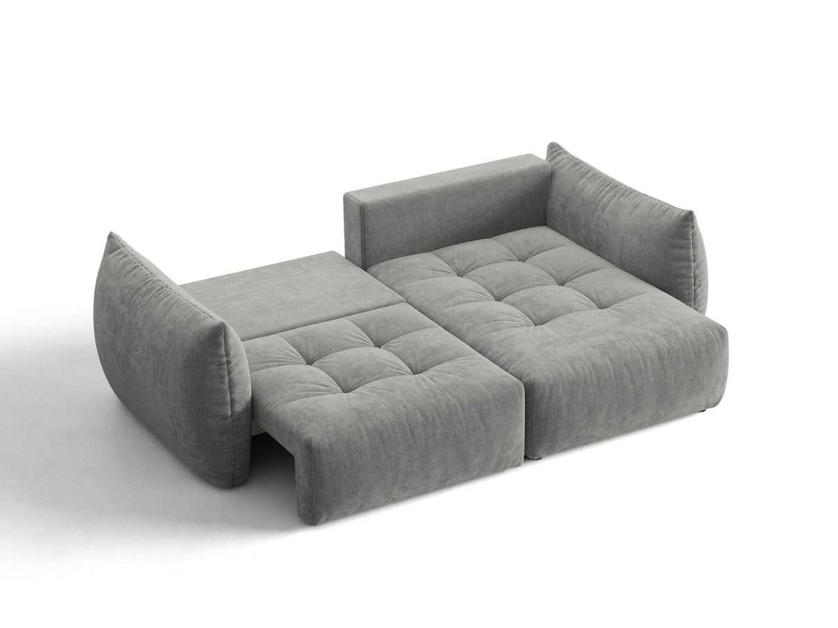 Ecksofa Bloom mit Schlaffunktion von Micadoni in Sand, Bettsofa rechts mit Casino-Veloursbezug und schwarzen Kunststoffbeinen.