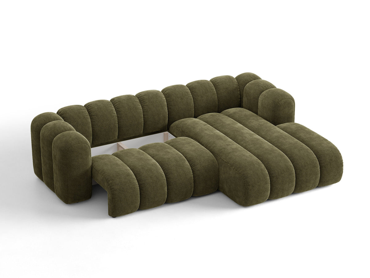 Beiges Ecksofa Lupine von Micadoni mit rechter Ausrichtung, Stoffbezug Eden Pearl, schwarzen Kunststoffbeinen und integriertem Bettkasten.