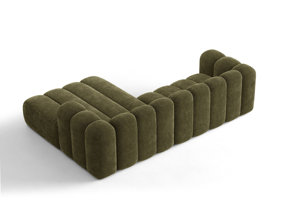 Beiges Ecksofa Lupine von Micadoni mit rechter Ausrichtung, Stoffbezug Eden Pearl, schwarzen Kunststoffbeinen und integriertem Bettkasten.