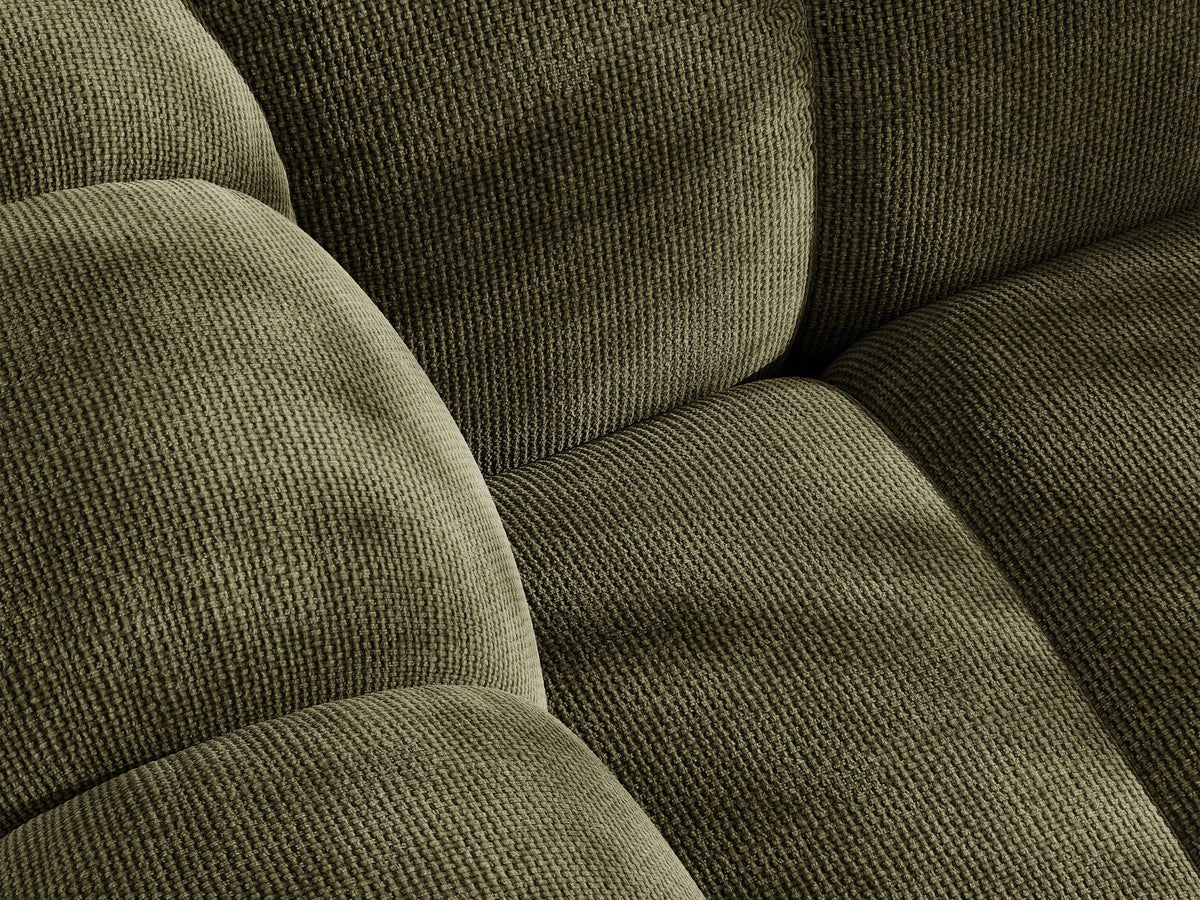 Beiges Ecksofa Lupine von Micadoni mit rechter Ausrichtung, Stoffbezug Eden Pearl, schwarzen Kunststoffbeinen und integriertem Bettkasten.