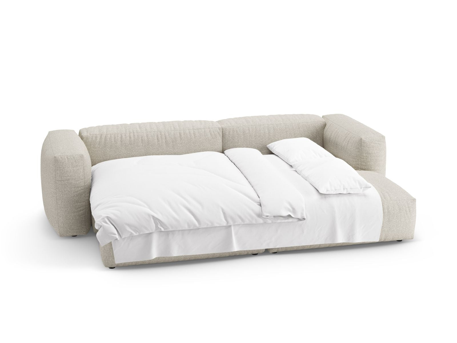 Beige 4-Sitzer Ecksofa Martina mit praktischer Schlaffunktion und integriertem Stauraum, perfekt für stilvolle und funktionale Wohnräume.