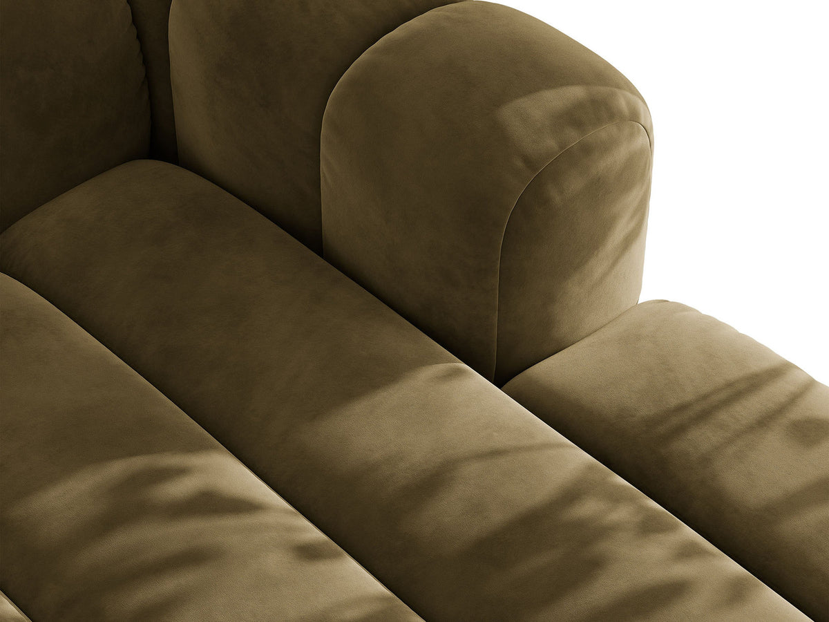 Beiges Ecksofa Lupine von Micadoni mit rechter Ausrichtung, Stoffbezug Eden Pearl, schwarzen Kunststoffbeinen und integriertem Bettkasten.
