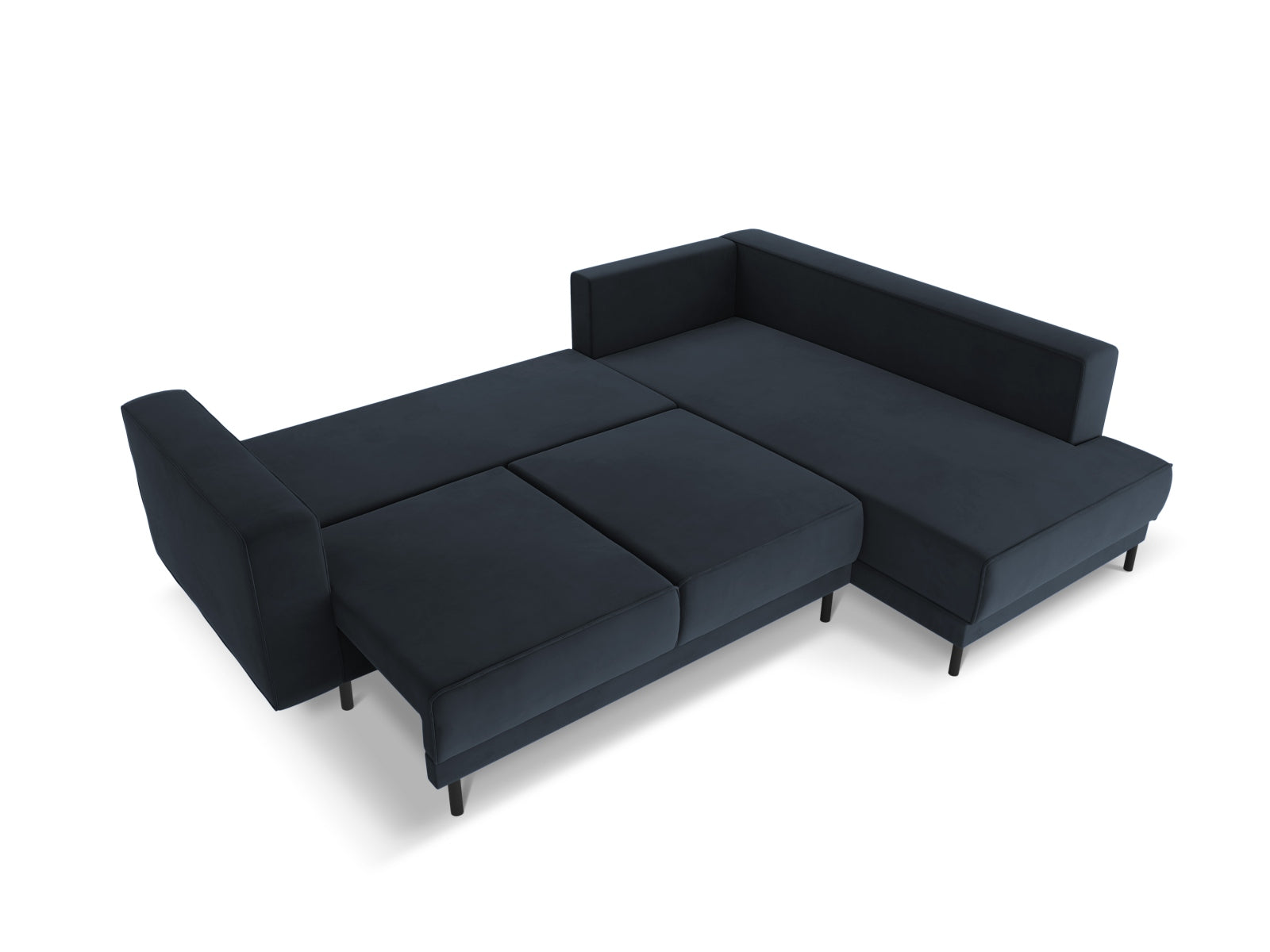 Elegantes Caro Velour Ecksofa in Dunkelblau, 5-Sitzer mit komfortabler Schlaffunktion, ideal für stilvolle Wohnräume und Übernachtungen.