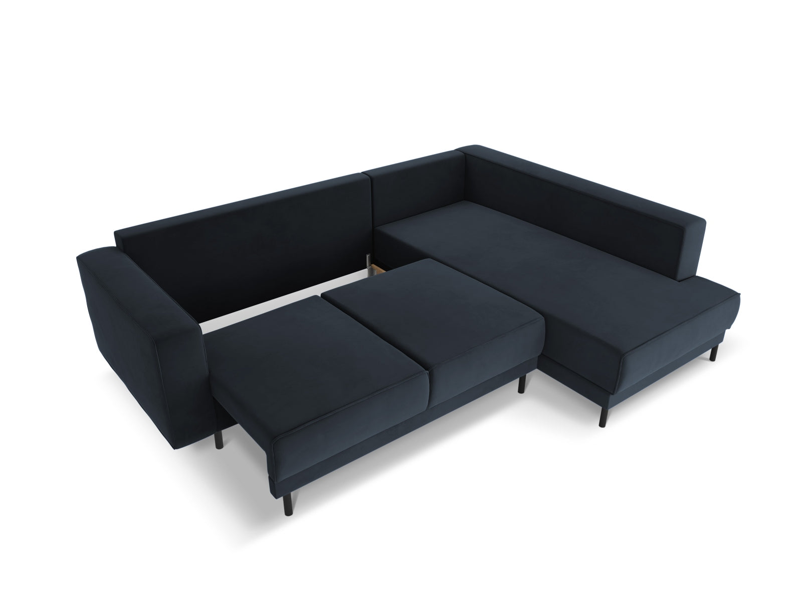 Modernes Caro Velour Ecksofa in Dunkelblau, 5-Sitzer mit praktischer Schlaffunktion, perfekt für gemütliche Abende und Gästeübernachtungen.