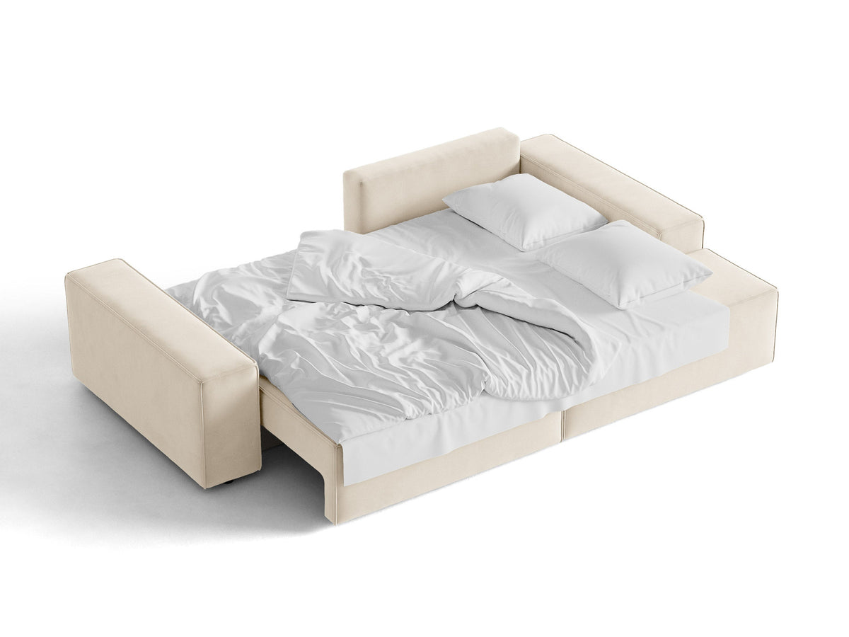 Jodie Velour Ecksofa rechts mit Schlaffunktion und Stauraumbox 3 Sitzer in Light Beige-Bluvel präsentiert im Onlineshop von KAQTU Design AG. Bettsofa rechts ist von Micadoni