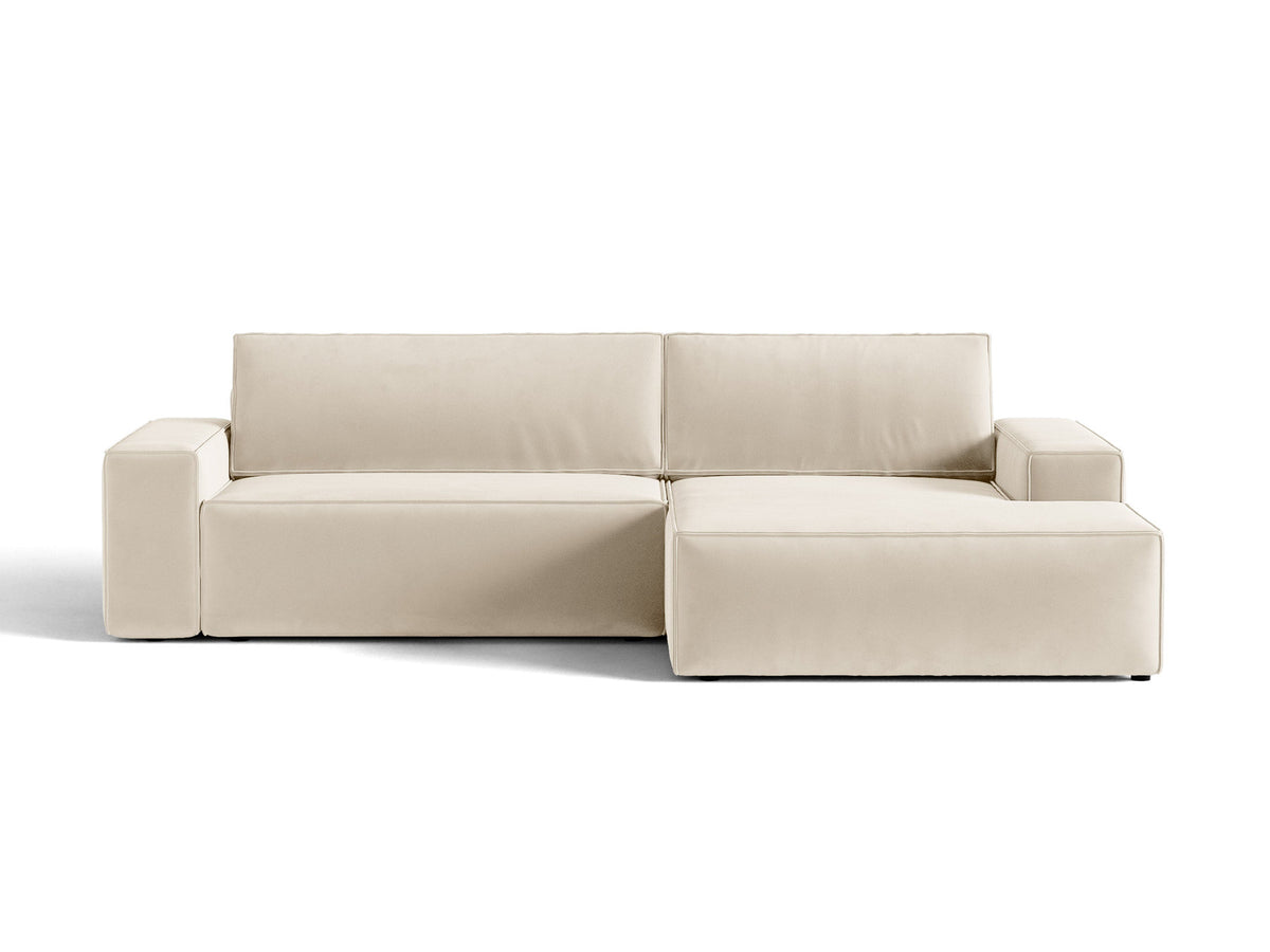 Jodie Velour Ecksofa rechts mit Schlaffunktion und Stauraumbox 3 Sitzer in Light Beige-Bluvel präsentiert im Onlineshop von KAQTU Design AG. Bettsofa rechts ist von Micadoni