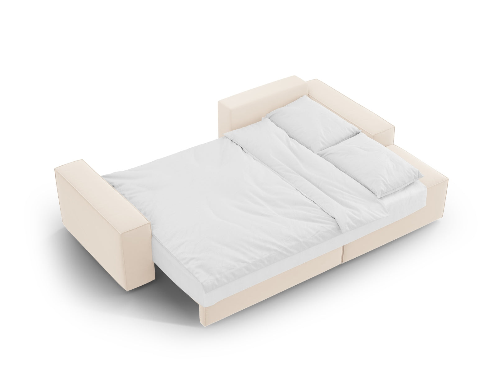 Elegantes Jodie Velour Ecksofa in sanftem Beige, rechtsseitig, bietet eine praktische Schlaffunktion und Stauraum für mehr Bequemlichkeit.