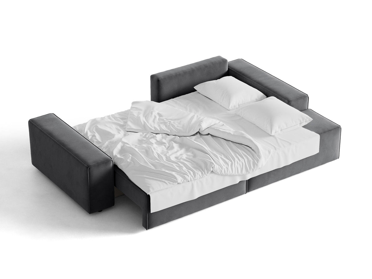 Jodie Velour Ecksofa rechts mit Schlaffunktion und Stauraumbox 3 Sitzer in Grey-Bluvel präsentiert im Onlineshop von KAQTU Design AG. Bettsofa rechts ist von Micadoni