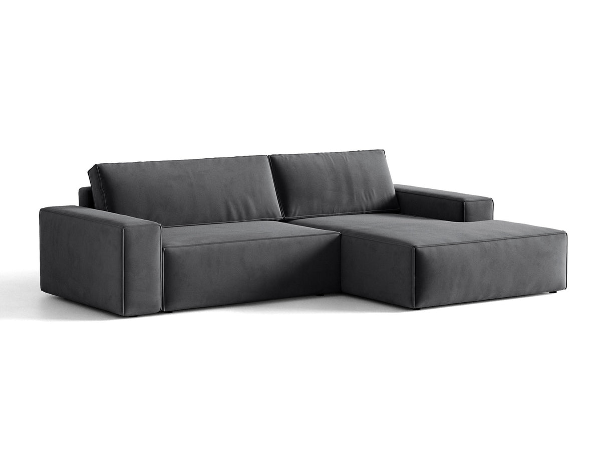 Jodie Velour Ecksofa rechts mit Schlaffunktion und Stauraumbox 3 Sitzer in Grey-Bluvel präsentiert im Onlineshop von KAQTU Design AG. Bettsofa rechts ist von Micadoni