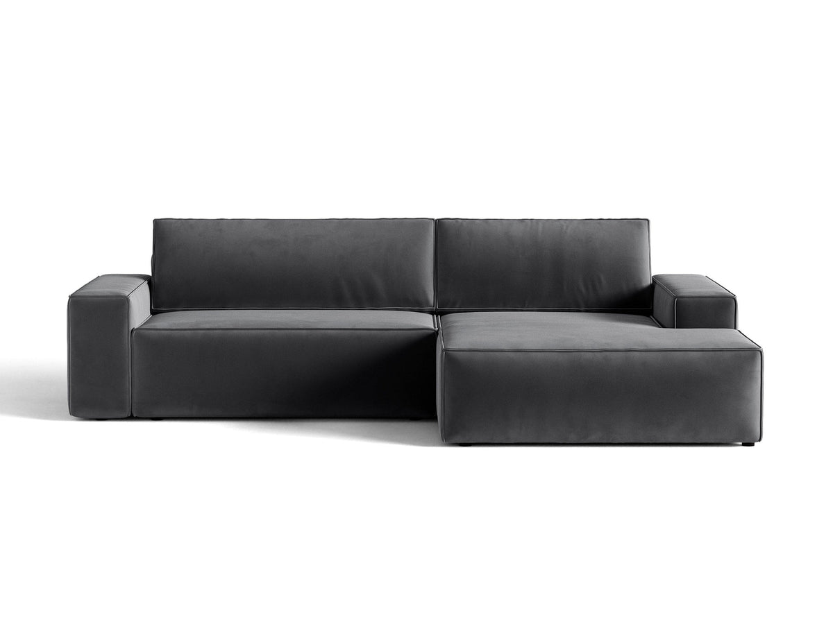 Jodie Velour Ecksofa rechts mit Schlaffunktion und Stauraumbox 3 Sitzer in Grey-Bluvel präsentiert im Onlineshop von KAQTU Design AG. Bettsofa rechts ist von Micadoni