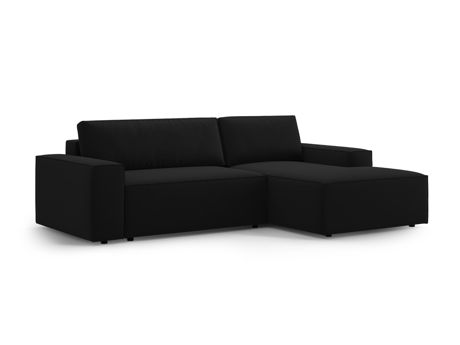Modernes Jodie Velour Ecksofa in Schwarz-Bluvel, rechtsseitig, mit praktischer Schlaffunktion und Stauraum für optimale Raumnutzung.
