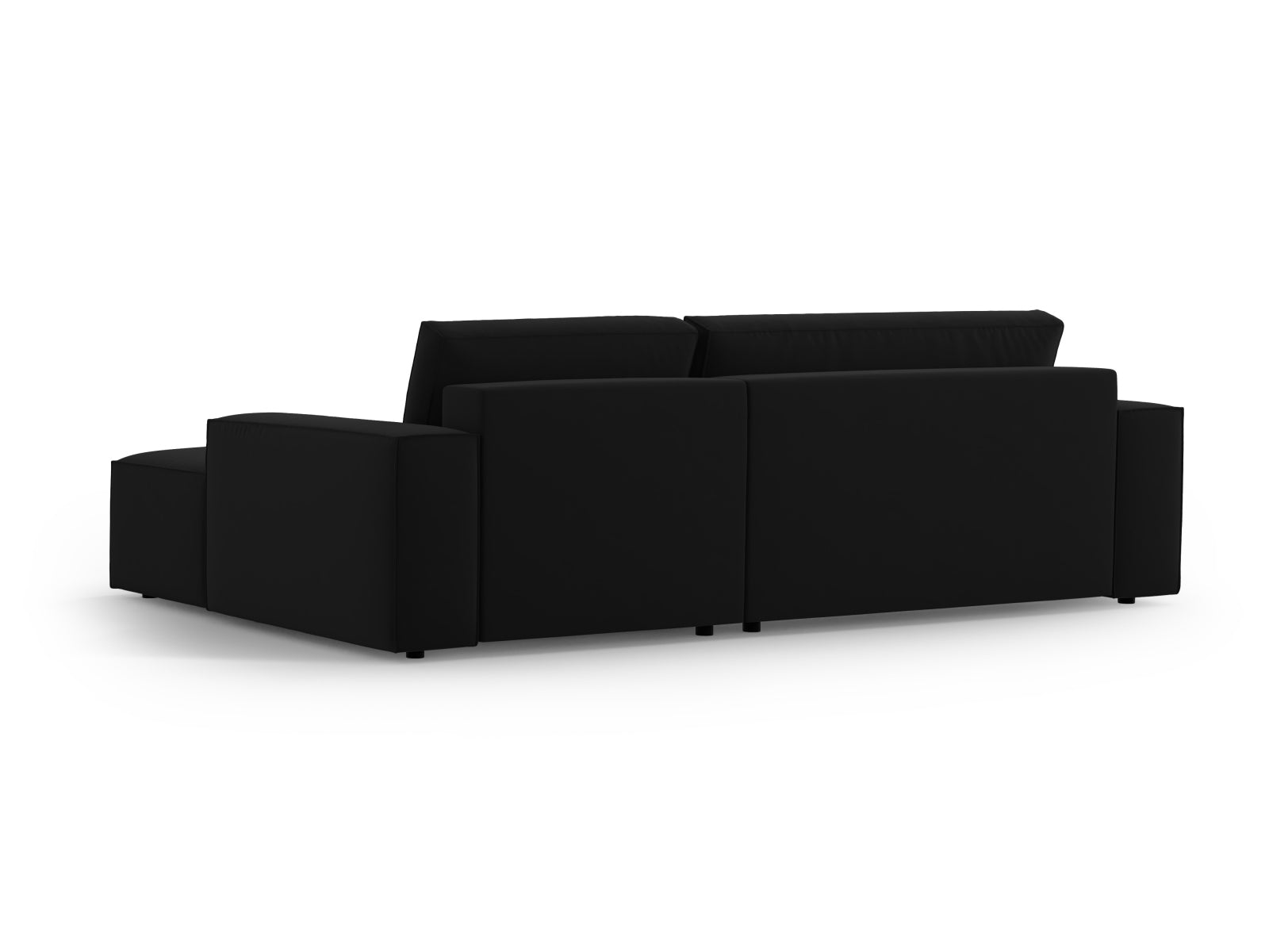 Elegantes Jodie Velour Ecksofa in Schwarz-Bluvel, rechtsseitig, bietet komfortable Schlaffunktion und zusätzlichen Stauraum für Ihr Zuhause.