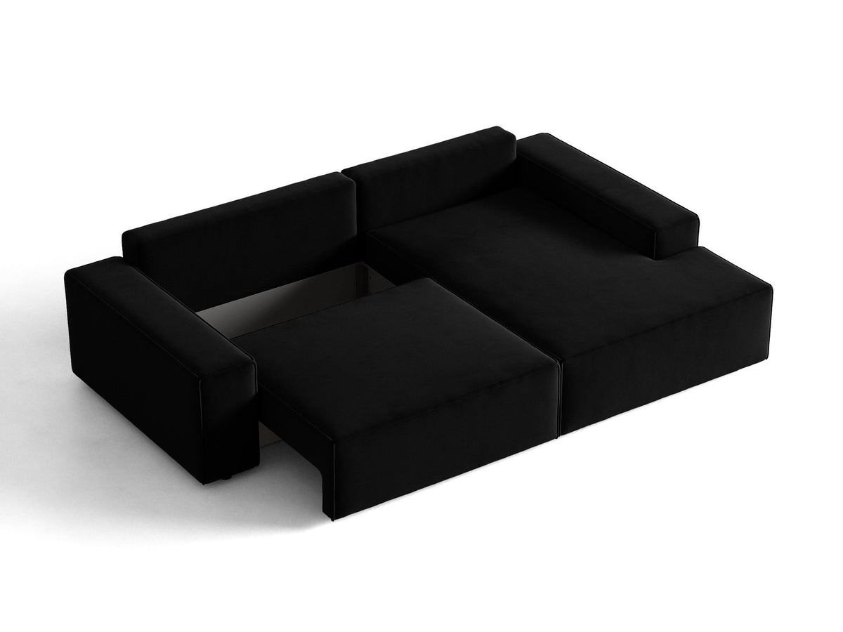 Jodie Velour Ecksofa rechts mit Schlaffunktion und Stauraumbox 3 Sitzer in Black-Bluvel präsentiert im Onlineshop von KAQTU Design AG. Bettsofa rechts ist von Micadoni