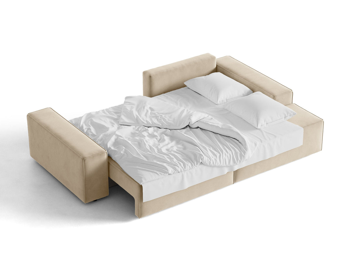 Jodie Velour Ecksofa rechts mit Schlaffunktion und Stauraumbox 3 Sitzer in Dark Beige-Bluvel präsentiert im Onlineshop von KAQTU Design AG. Bettsofa rechts ist von Micadoni