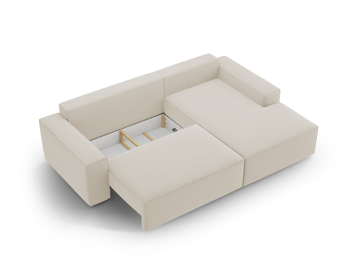 Jodie Velour Ecksofa rechts mit Schlaffunktion und Stauraumbox 3 Sitzer in Dark Beige-Bluvel präsentiert im Onlineshop von KAQTU Design AG. Bettsofa rechts ist von Micadoni