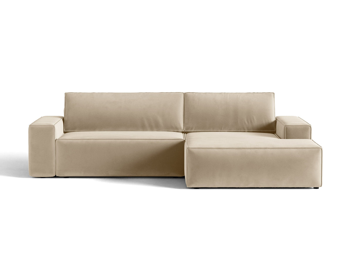 Jodie Velour Ecksofa rechts mit Schlaffunktion und Stauraumbox 3 Sitzer in Dark Beige-Bluvel präsentiert im Onlineshop von KAQTU Design AG. Bettsofa rechts ist von Micadoni