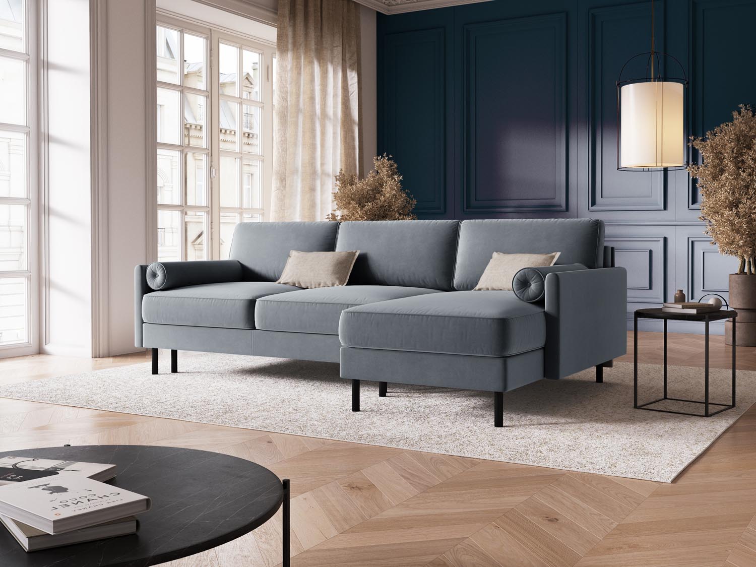 Entdecken Sie das elegante Scott Velour Ecksofa rechts von Micadoni: ein 5-Sitzer mit praktischer Schlaffunktion und grosszügigem Stauraum für Ihr Zuhause!