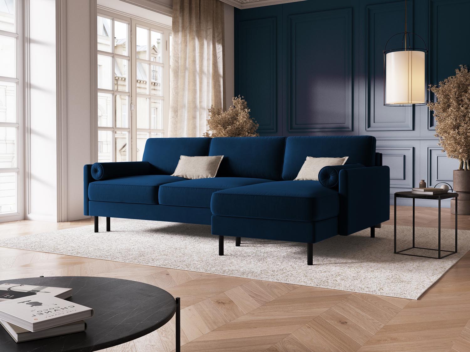 Entdecken Sie das elegante Scott Velour Ecksofa rechts von Micadoni: ein 5-Sitzer mit praktischer Schlaffunktion und grosszügigem Stauraum für Ihr Zuhause!