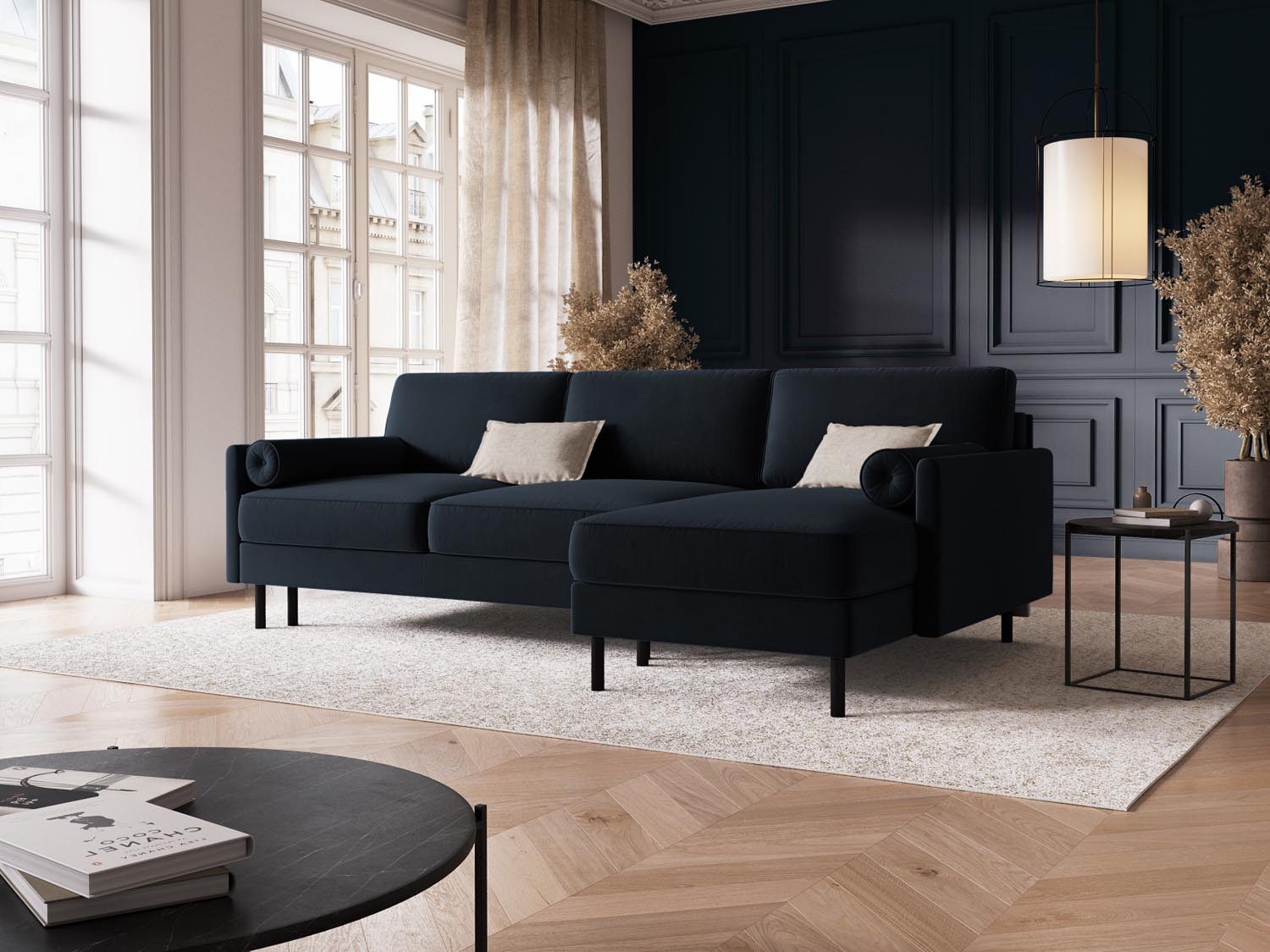 Entdecken Sie das elegante Scott Velour Ecksofa rechts von Micadoni: ein 5-Sitzer mit praktischer Schlaffunktion und grosszügigem Stauraum für Ihr Zuhause!