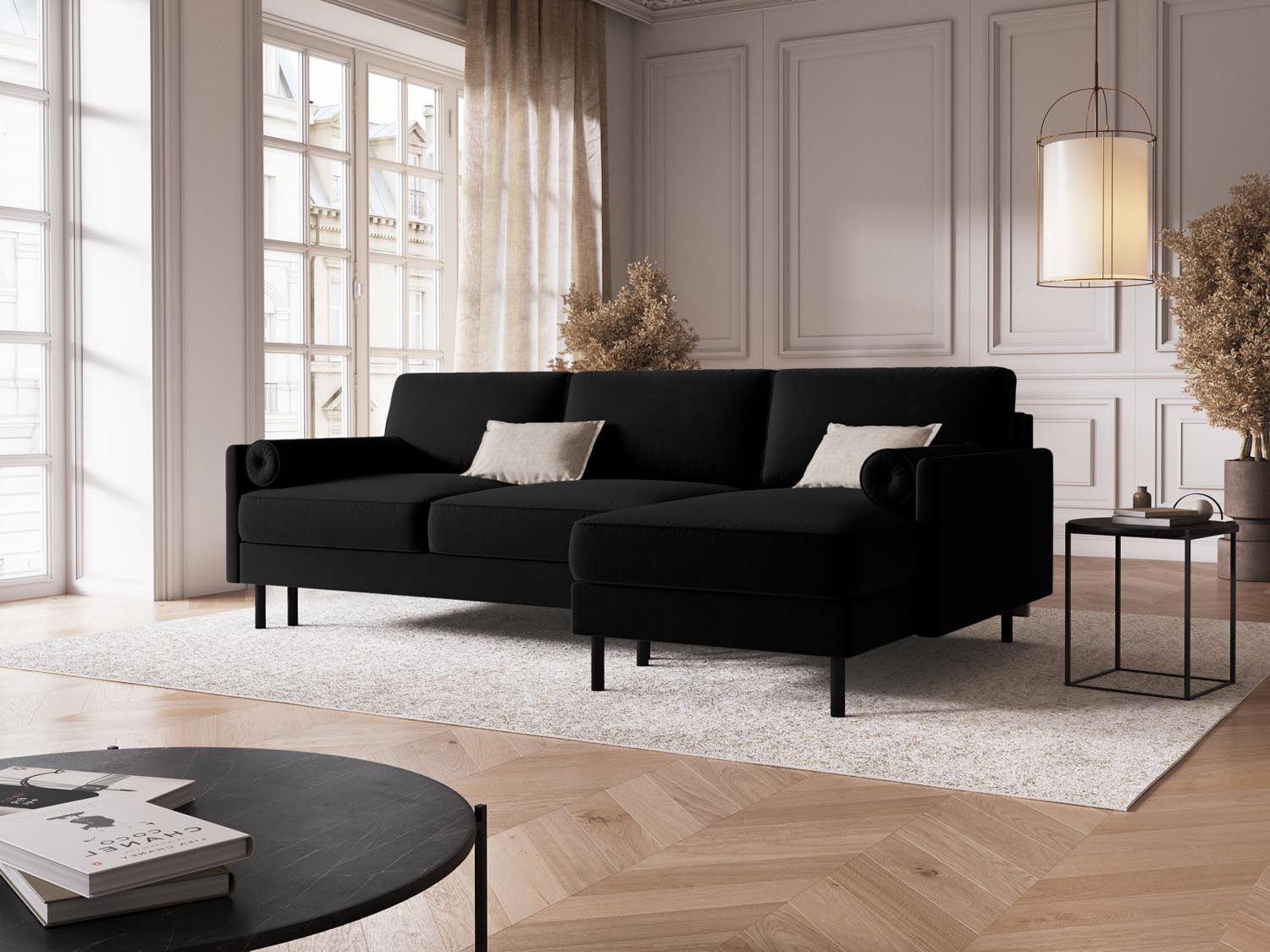 Entdecken Sie das elegante Scott Velour Ecksofa rechts von Micadoni: ein 5-Sitzer mit praktischer Schlaffunktion und grosszügigem Stauraum für Ihr Zuhause!
