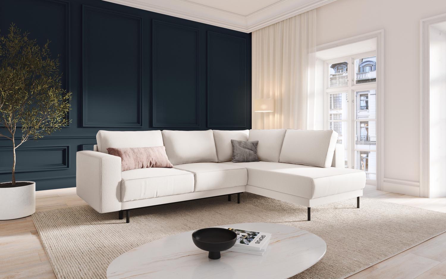Stylisches Caro Ecksofa in Light Beige mit Schlaffunktion, ideal für gemütliche Abende und als Schlafgelegenheit, präsentiert von Micadoni.