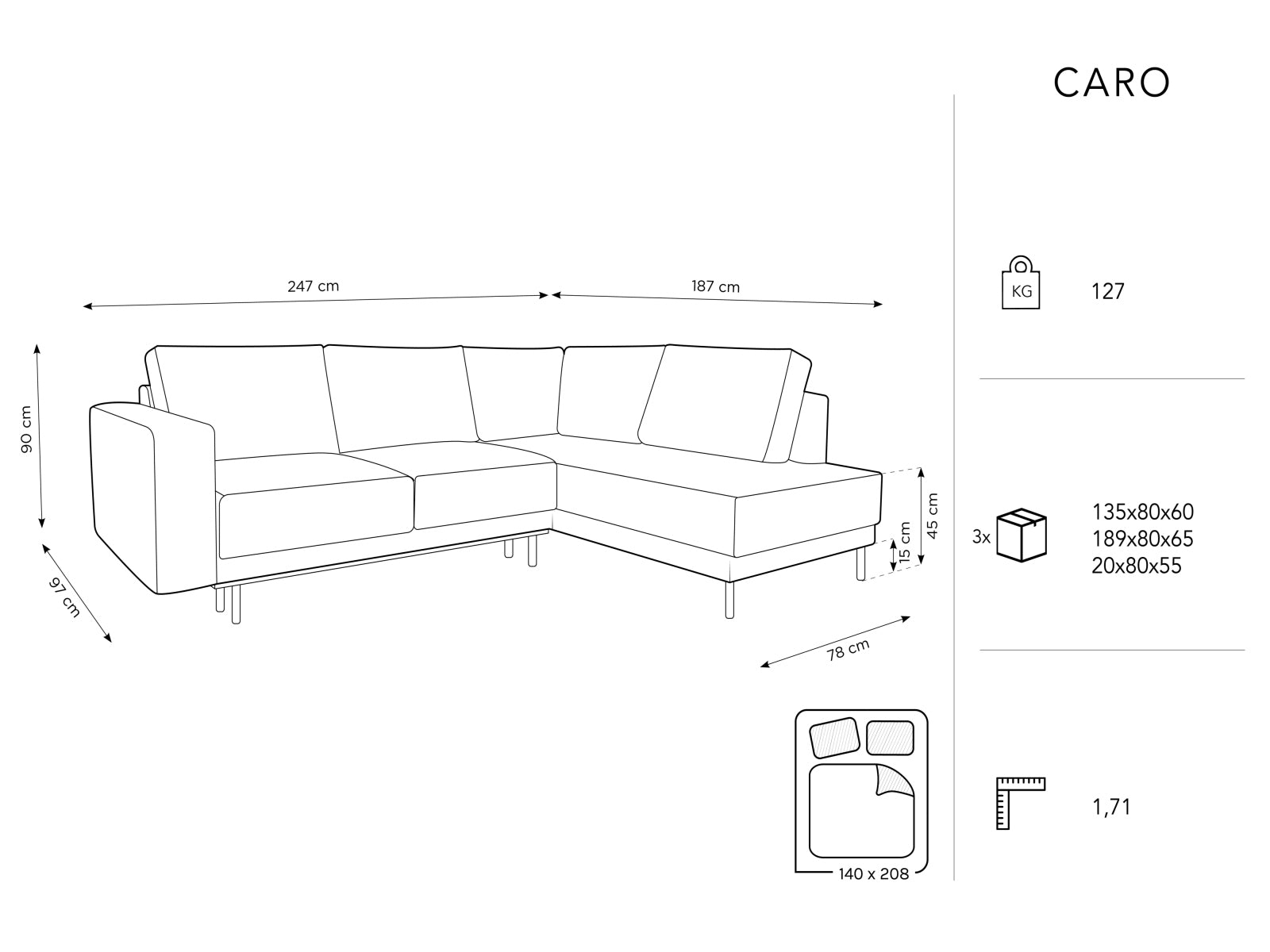 Elegantes Caro Ecksofa in ansprechendem Blau, 5-Sitzer mit praktischer Schlaffunktion, perfekt für entspannte Abende und Übernachtungsgäste.