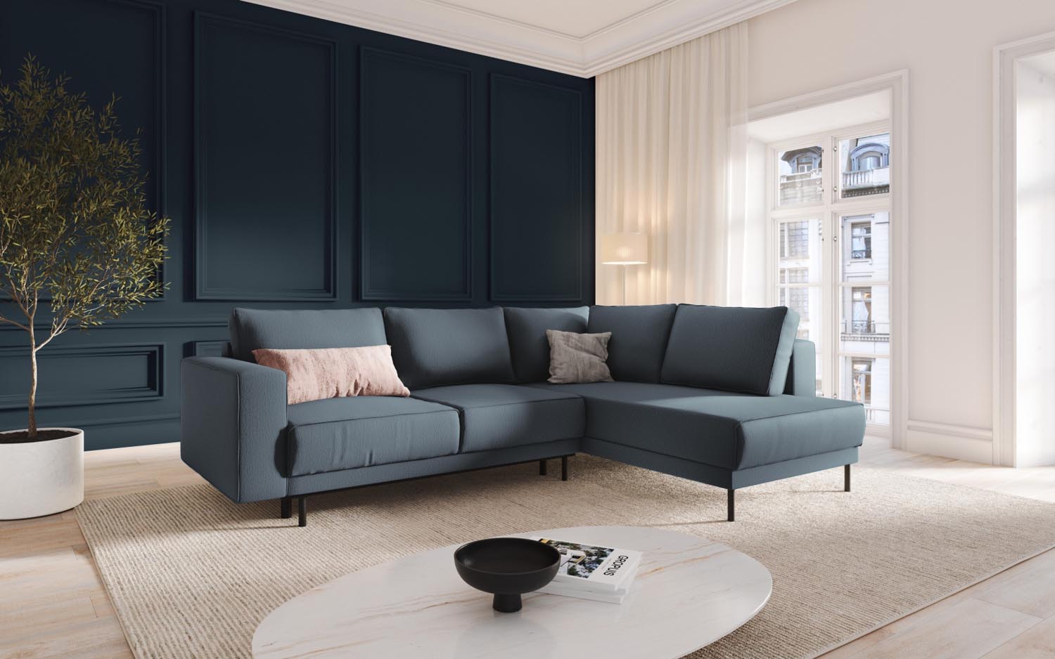 Stylisches Caro Ecksofa in Blau mit Schlaffunktion, ideal für gemütliche Abende und als Schlafgelegenheit, präsentiert von Micadoni.